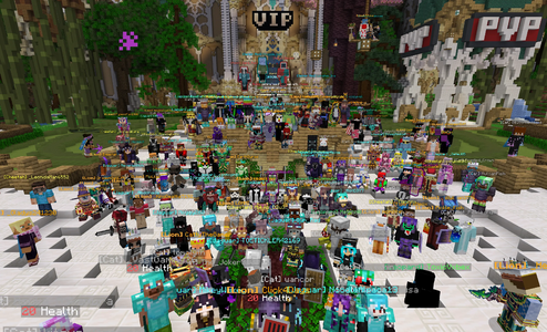 The full crowd gathered at spawn—an unforgettable group moment!
